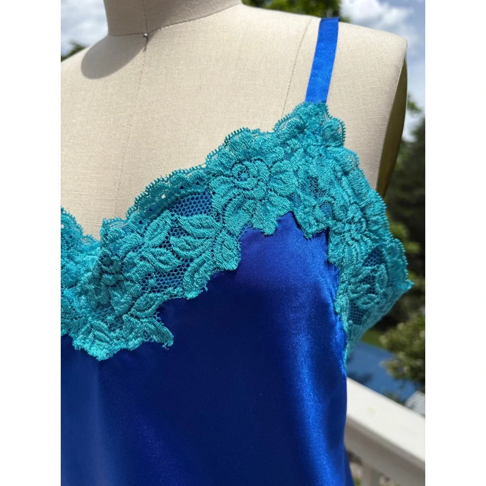 Vintage Satin Slip Dress Small Blue Turquoise Lace Trim Y2K Coquette Jones NY - Picture 3 of 10